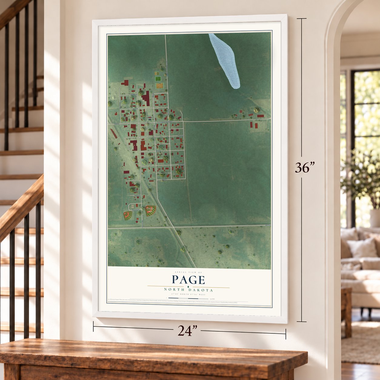Page, North Dakota map, 24 x 36 inch print in a white frame by a staircase