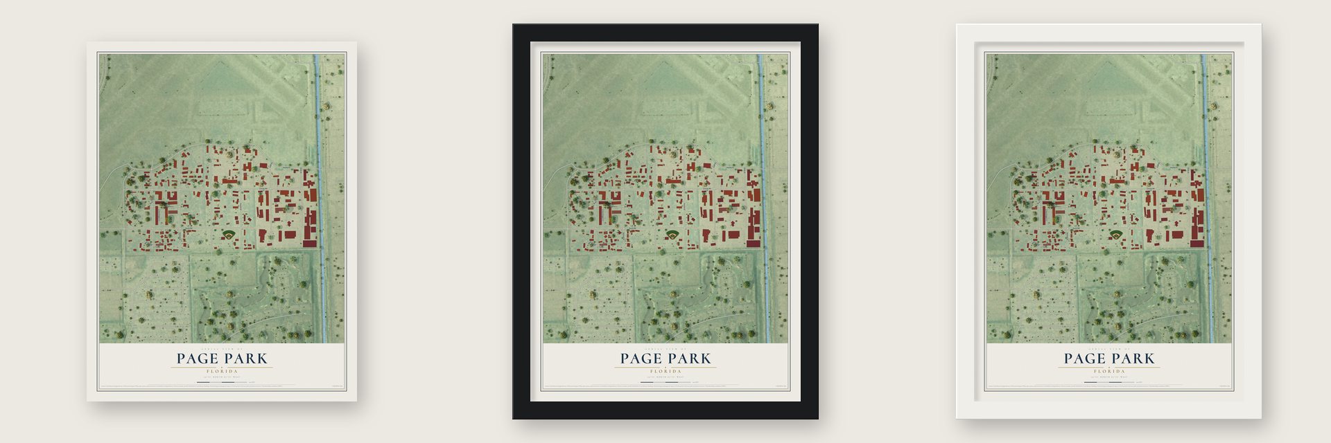 Page Park, Florida map unframed, in a black wood frame and in a white wood frame