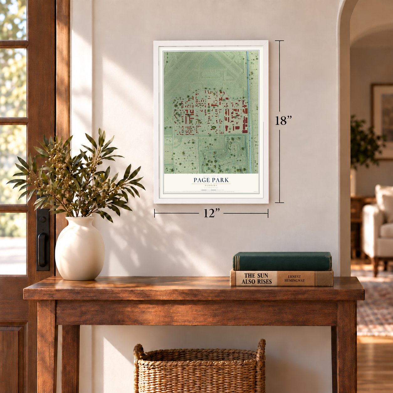 Page Park, Florida map, 12 x 18 inch print in a white frame in an entryway