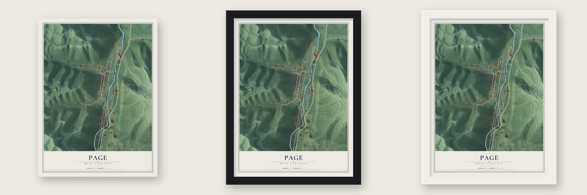 Page, West Virginia map unframed, in a black wood frame and in a white wood frame