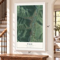 Page, West Virginia map, 24 x 36 inch print in a white frame by a staircase