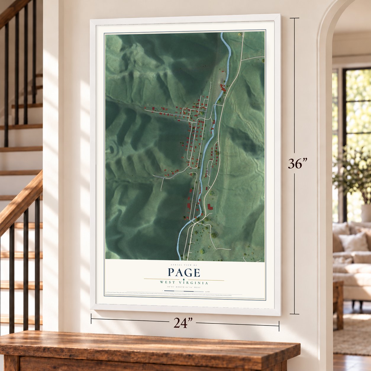 Page, West Virginia map, 24 x 36 inch print in a white frame by a staircase