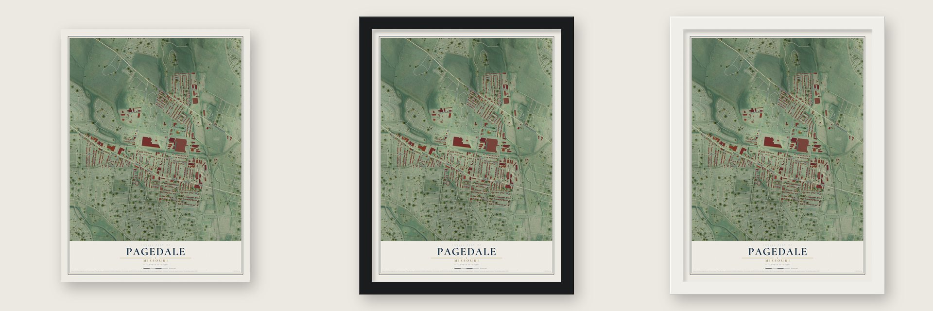 Pagedale, Missouri map unframed, in a black wood frame and in a white wood frame