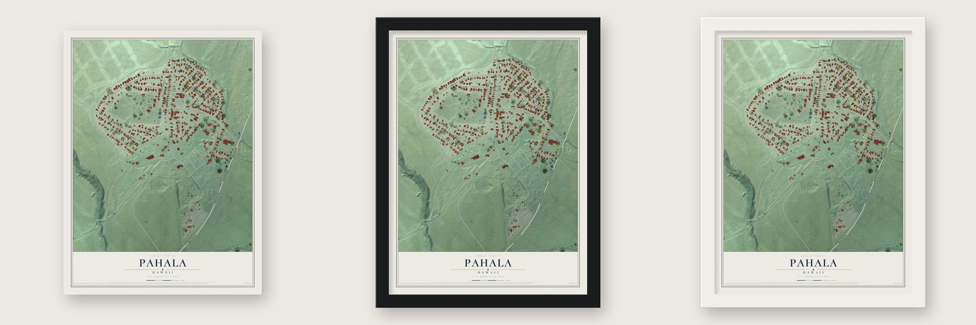 Pahala, Hawaii map unframed, in a black wood frame and in a white wood frame