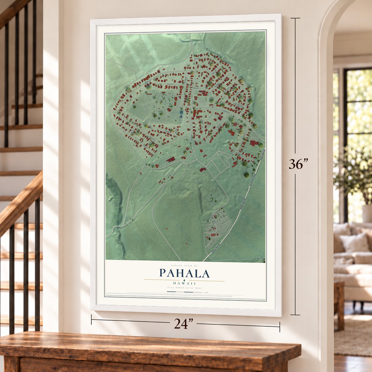 Pahala, Hawaii map, 24 x 36 inch print in a white frame by a staircase