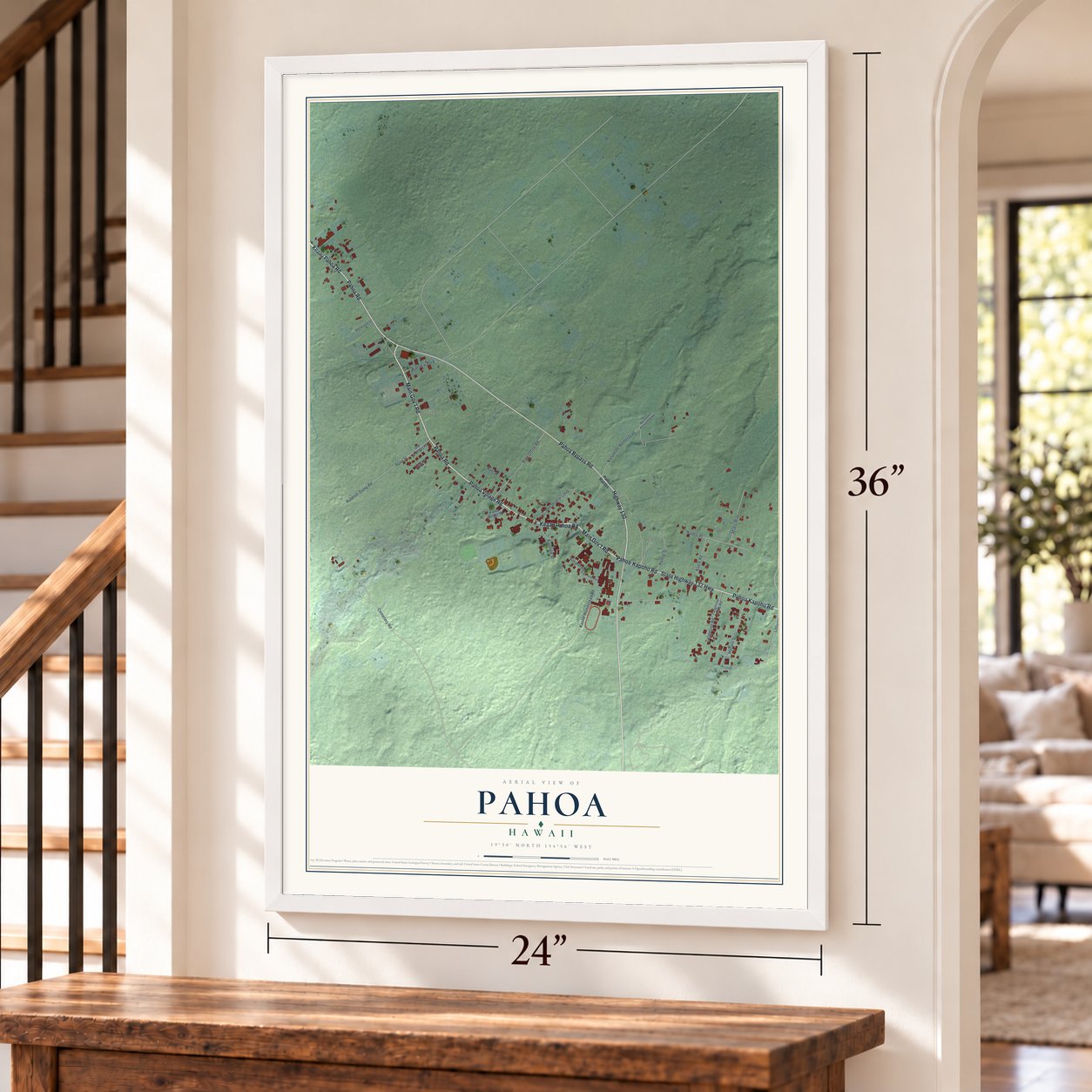 Pahoa, Hawaii map, 24 x 36 inch print in a white frame by a staircase