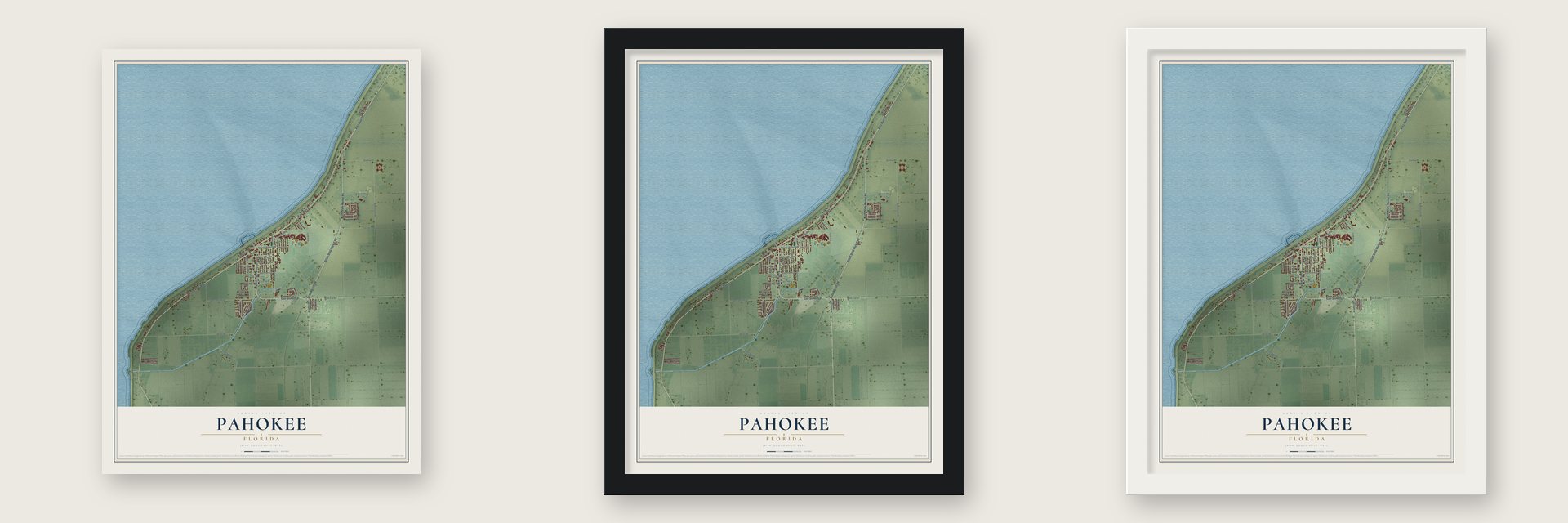 Pahokee, Florida map unframed, in a black wood frame and in a white wood frame