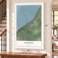 Pahokee, Florida map, 24 x 36 inch print in a white frame by a staircase