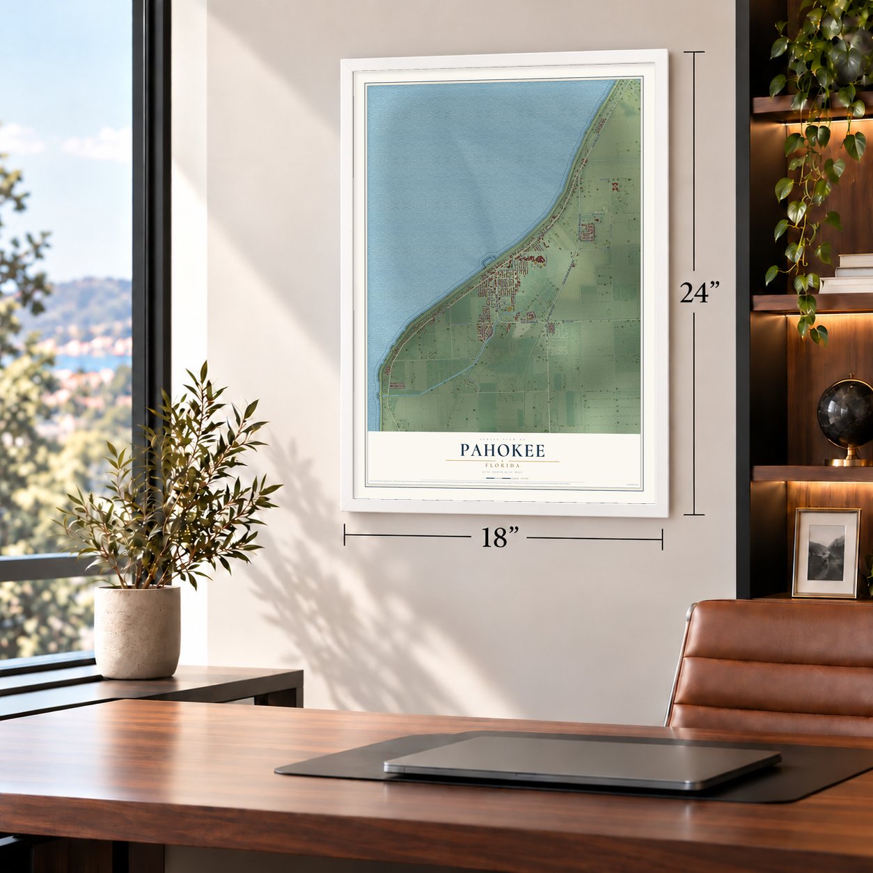 Pahokee, Florida map, 18 x 24 inch print in a white frame in a home office