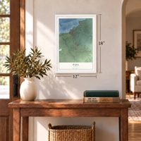 Paia, Hawaii map, 12 x 18 inch print in a white frame in an entryway
