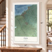 Paia, Hawaii map, 24 x 36 inch print in a white frame by a staircase