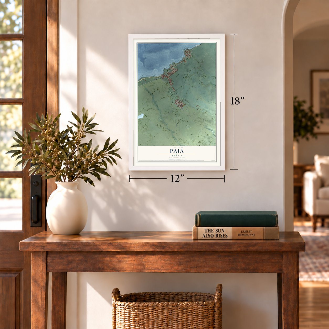 Paia, Hawaii map, 12 x 18 inch print in a white frame in an entryway