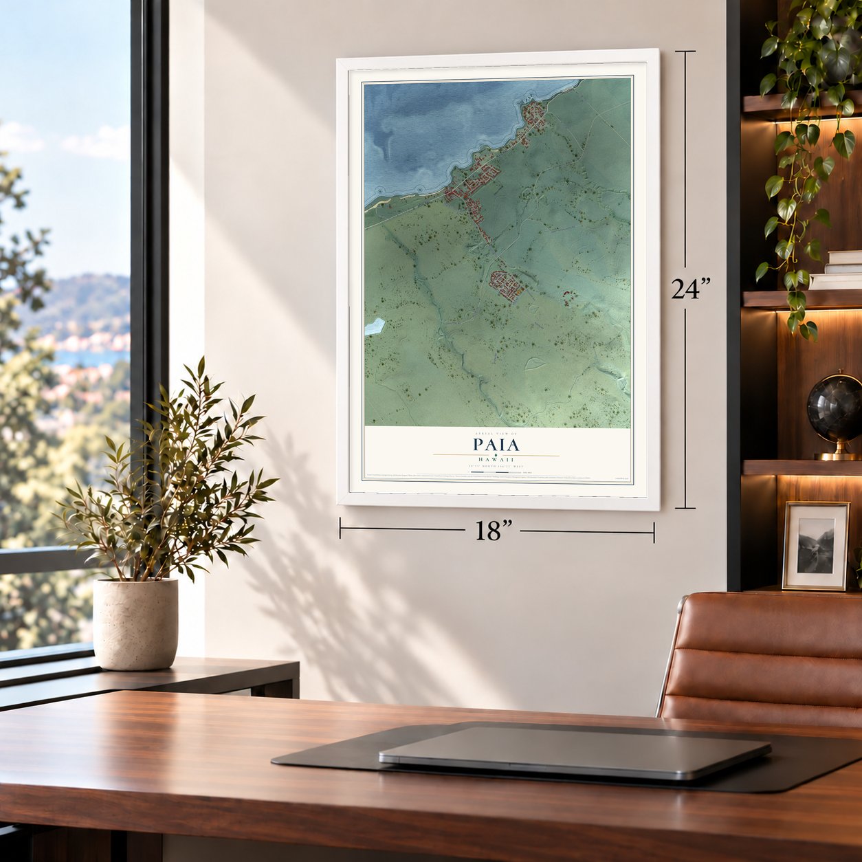 Paia, Hawaii map, 18 x 24 inch print in a white frame in a home office