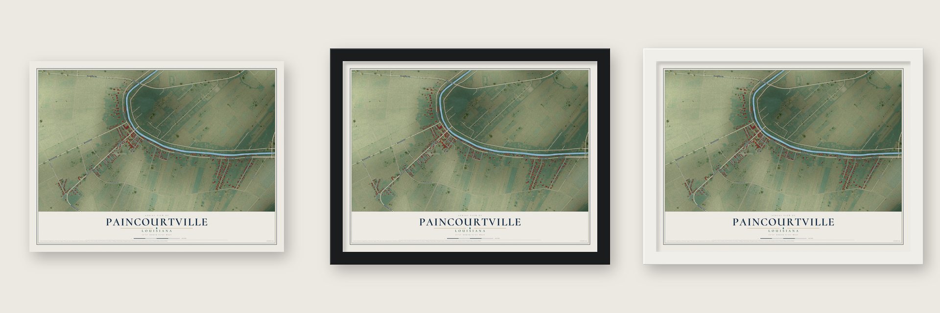 Paincourtville, Louisiana map unframed, in a black wood frame and in a white wood frame