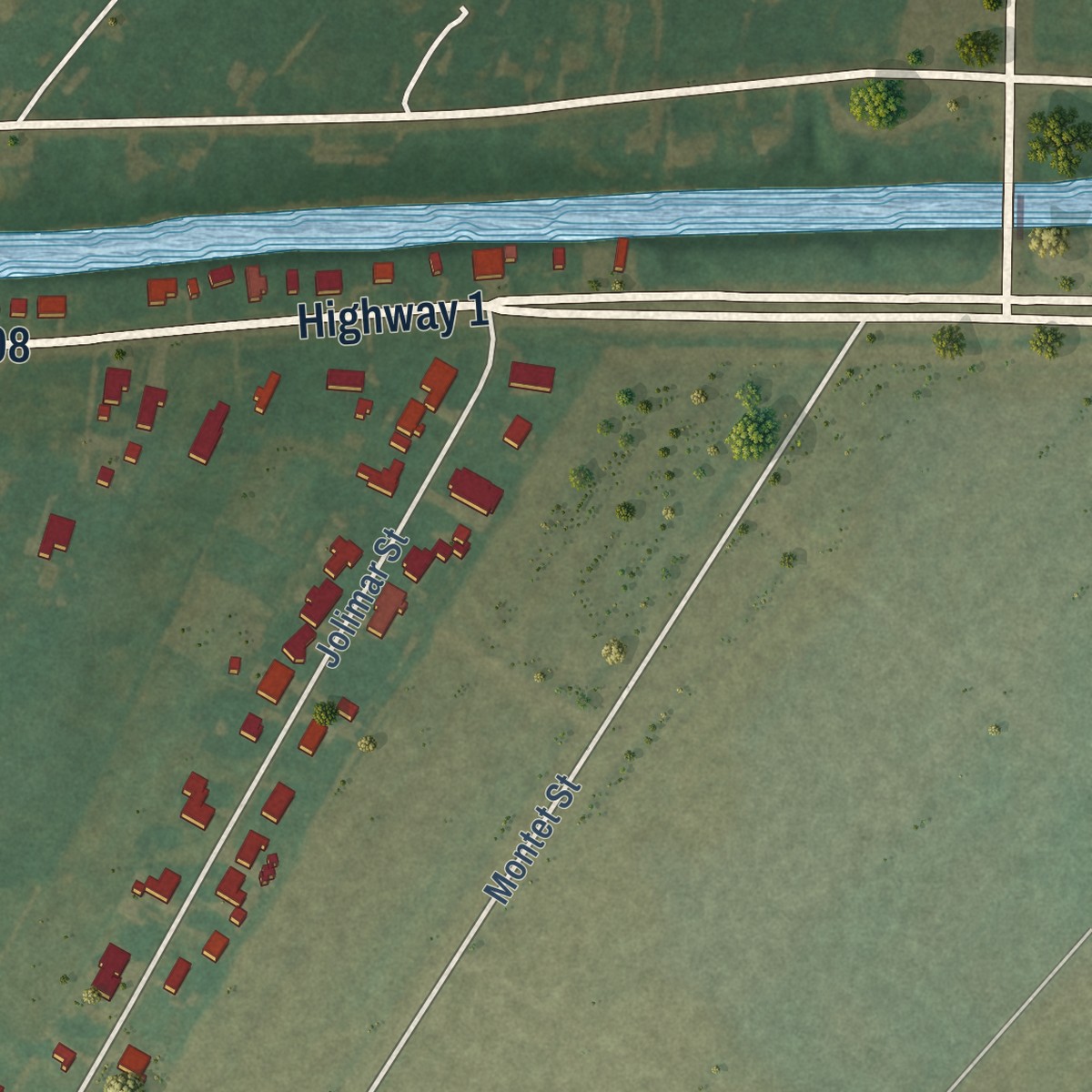 Second close-up of the map of Paincourtville, Louisiana print showing more streets and buildings