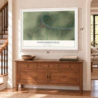 Paincourtville, Louisiana map, 24 x 36 inch print in a white frame above a dresser by a staircase