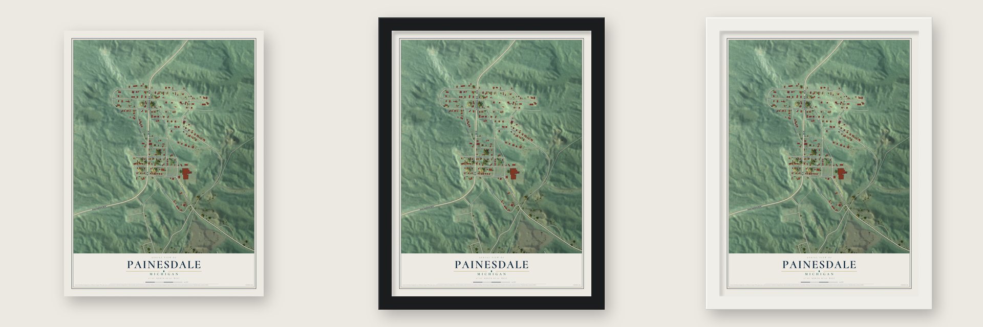 Painesdale, Michigan map unframed, in a black wood frame and in a white wood frame