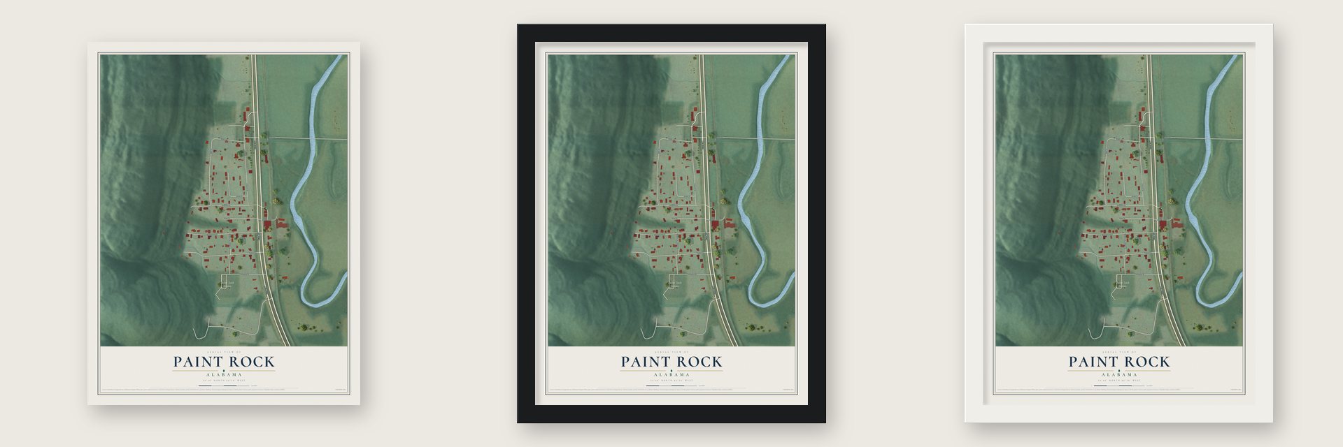 Paint Rock, Alabama map unframed, in a black wood frame and in a white wood frame