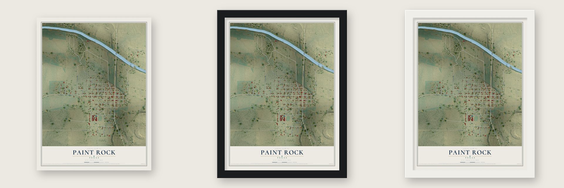 Paint Rock, Texas map unframed, in a black wood frame and in a white wood frame