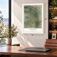 Paint Rock, Texas map, 18 x 24 inch print in a white frame in a home office