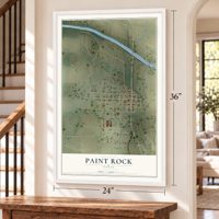 Paint Rock, Texas map, 24 x 36 inch print in a white frame by a staircase