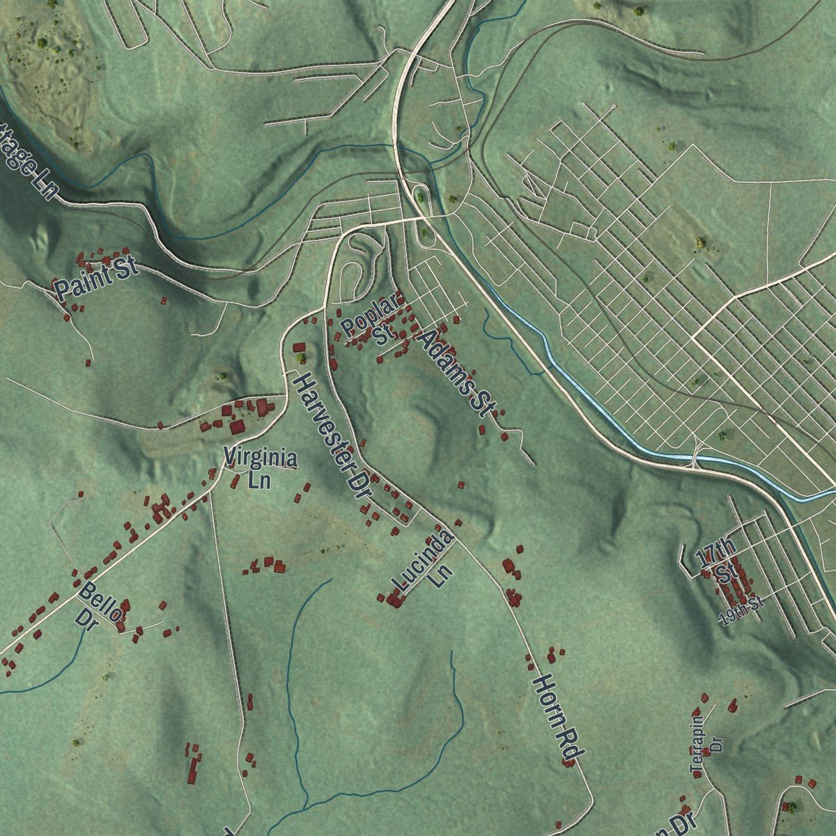Second close-up of the map of Paint, Somerset County, Pennsylvania print showing more streets and buildings