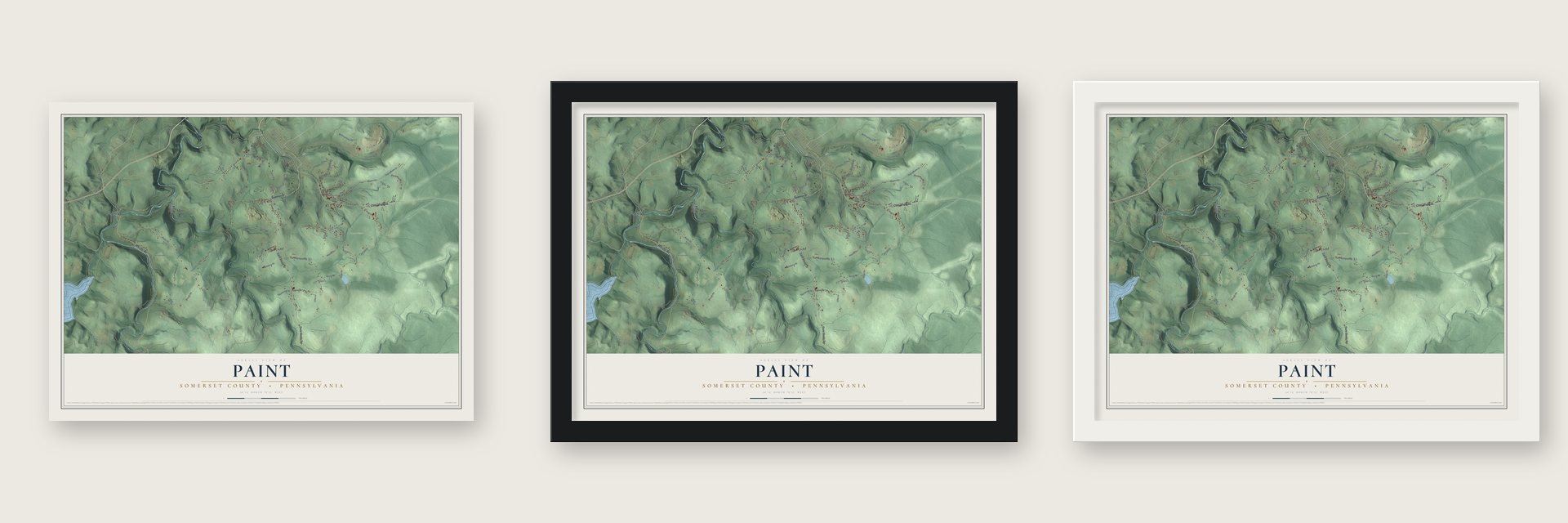 Paint, Somerset County, Pennsylvania map unframed, in a black wood frame and in a white wood frame