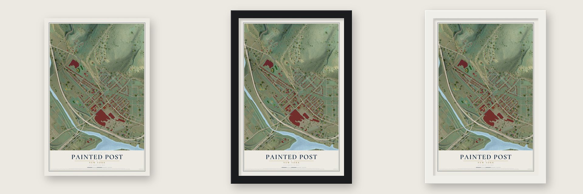 Painted Post, New York map unframed, in a black wood frame and in a white wood frame