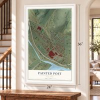 Painted Post, New York map, 24 x 36 inch print in a white frame by a staircase