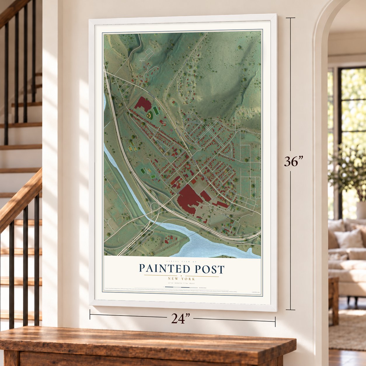 Painted Post, New York map, 24 x 36 inch print in a white frame by a staircase