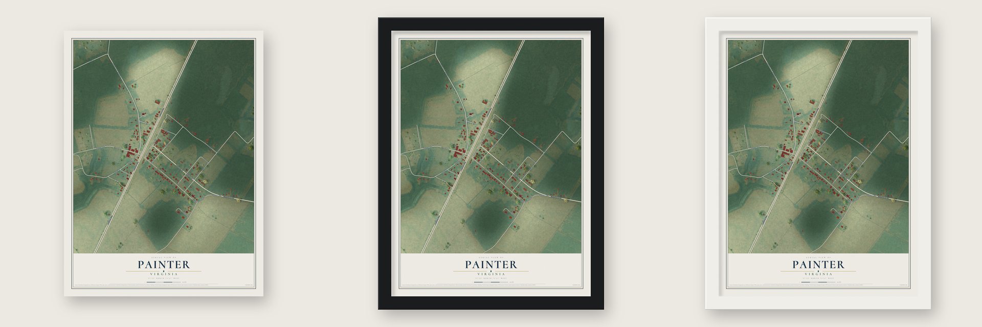 Painter, Virginia map unframed, in a black wood frame and in a white wood frame