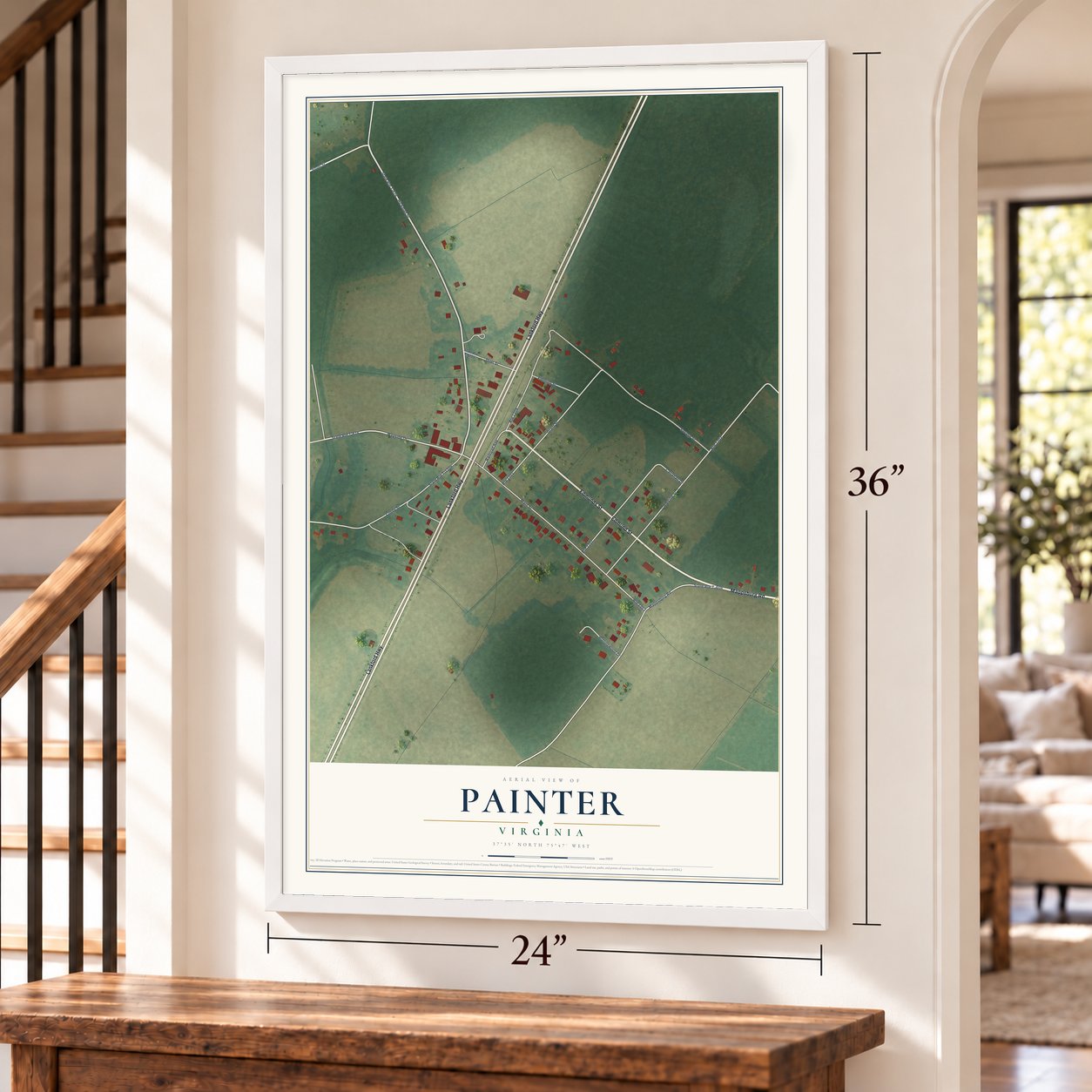 Painter, Virginia map, 24 x 36 inch print in a white frame by a staircase