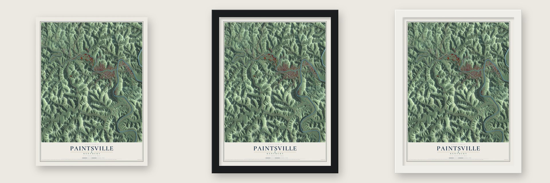 Paintsville, Kentucky map unframed, in a black wood frame and in a white wood frame