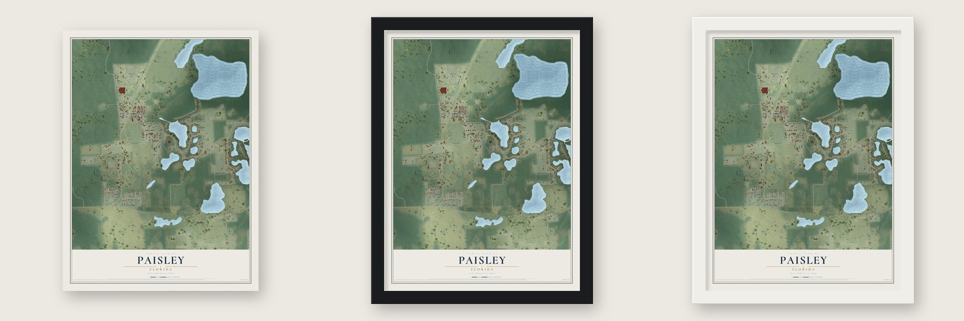 Paisley, Florida map unframed, in a black wood frame and in a white wood frame