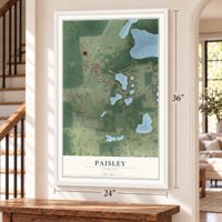 Paisley, Florida map, 24 x 36 inch print in a white frame by a staircase