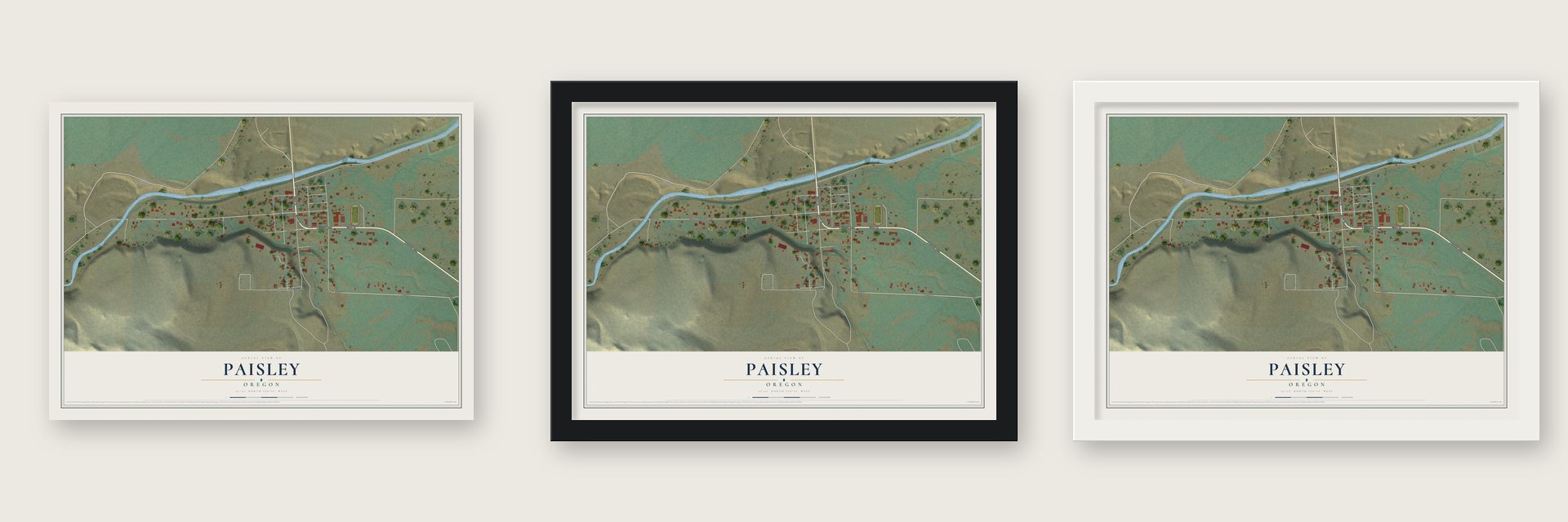 Paisley, Oregon map unframed, in a black wood frame and in a white wood frame