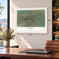 Paisley, Oregon map, 18 x 24 inch print in a white frame in a home office