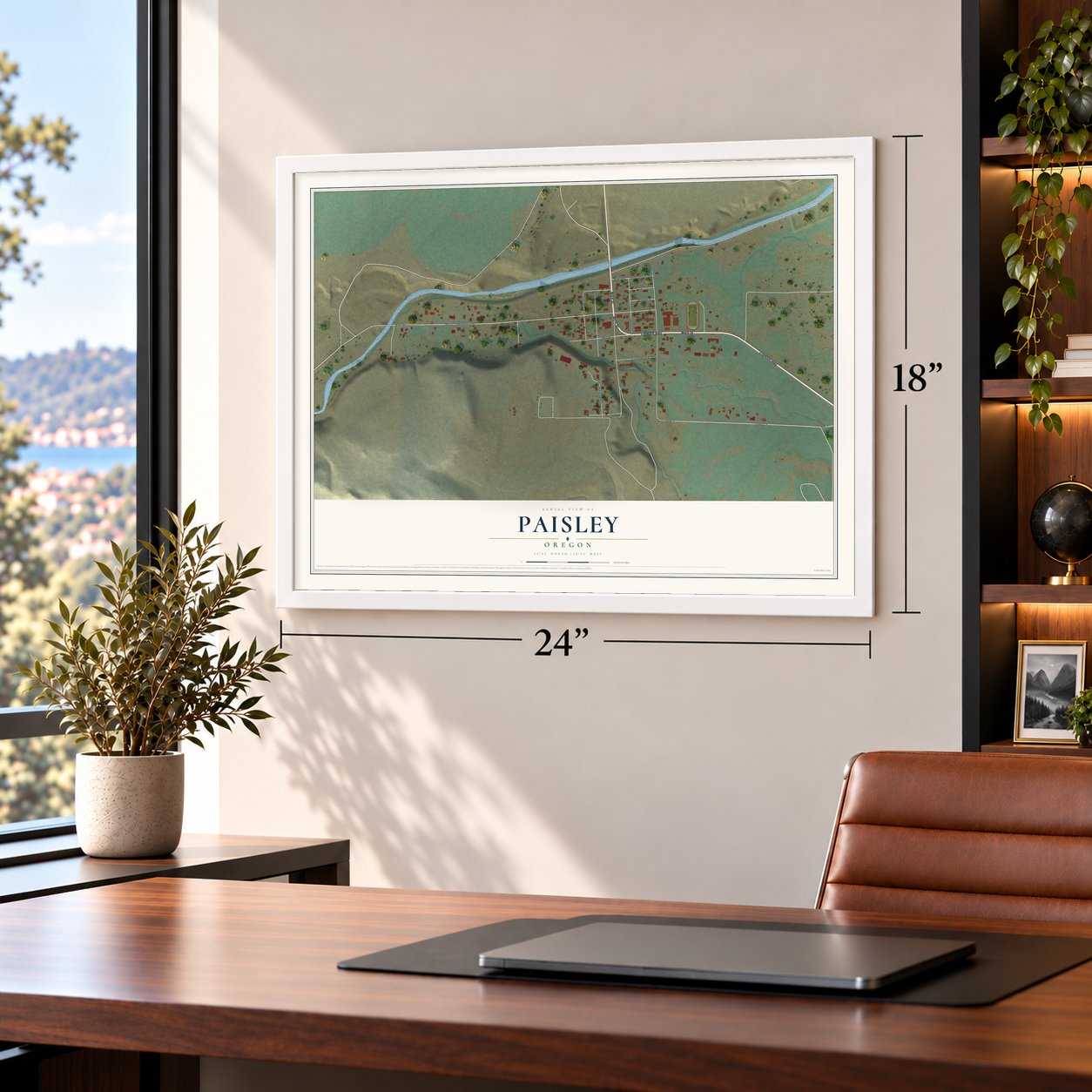 Paisley, Oregon map, 18 x 24 inch print in a white frame in a home office