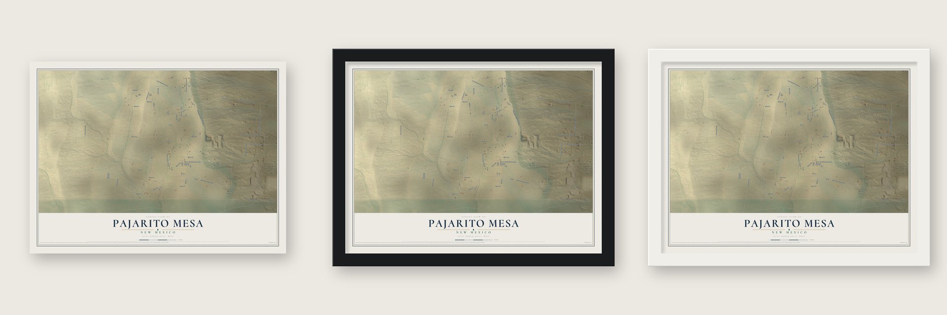 Pajarito Mesa, New Mexico map unframed, in a black wood frame and in a white wood frame