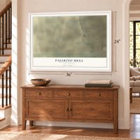 Pajarito Mesa, New Mexico map, 24 x 36 inch print in a white frame above a dresser by a staircase