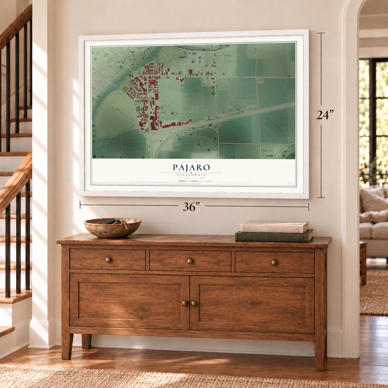 Pajaro, California map, 24 x 36 inch print in a white frame above a dresser by a staircase