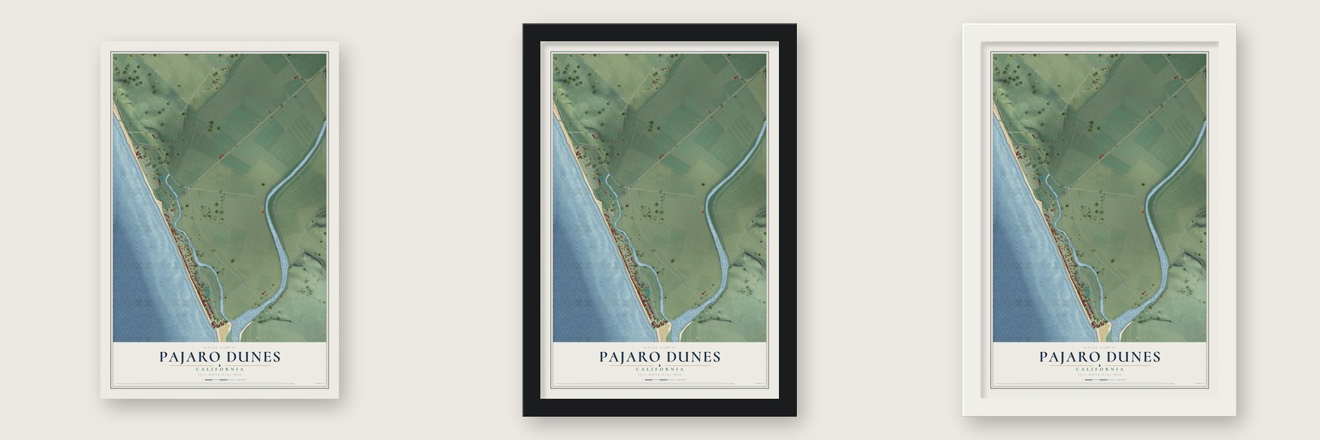 Pajaro Dunes, California map unframed, in a black wood frame and in a white wood frame