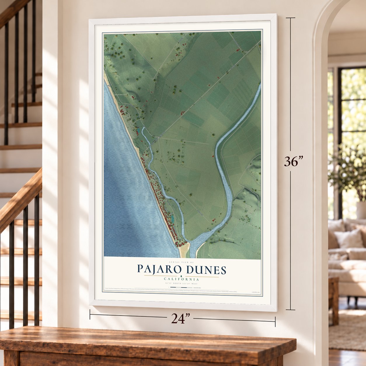 Pajaro Dunes, California map, 24 x 36 inch print in a white frame by a staircase