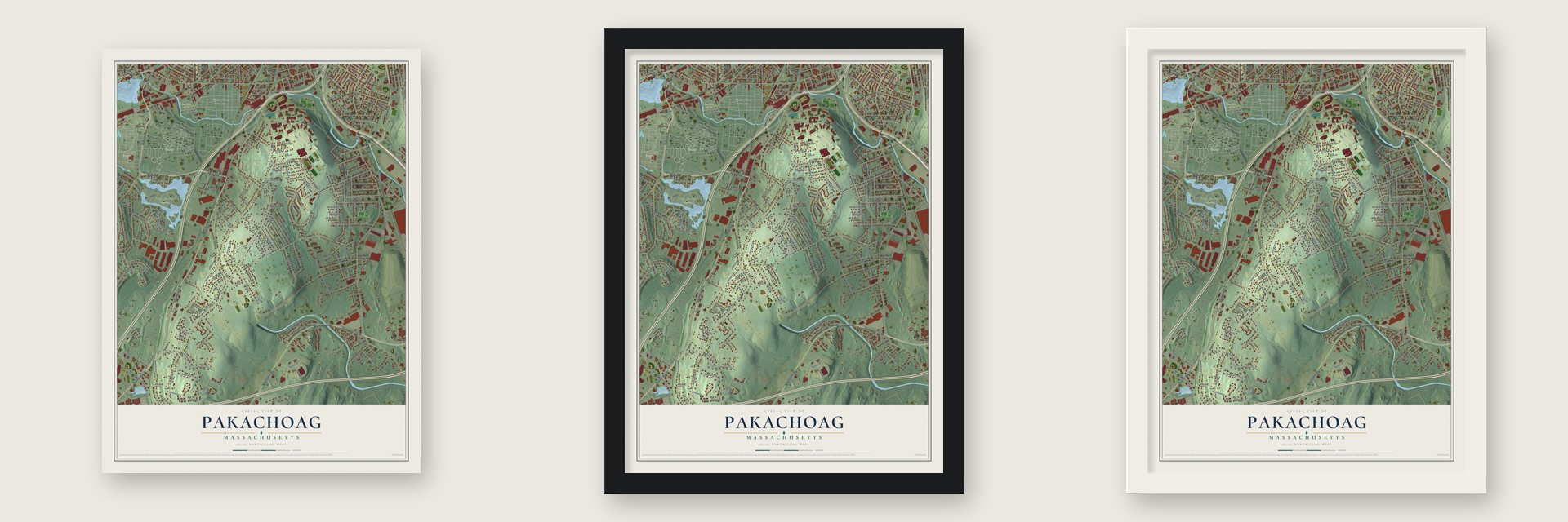 Pakachoag, Massachusetts map unframed, in a black wood frame and in a white wood frame