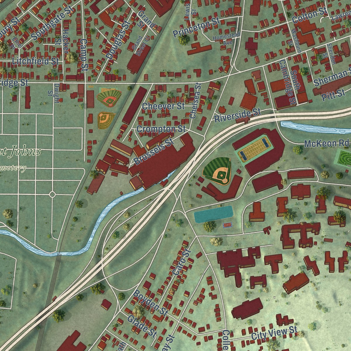 Second close-up of the map of Pakachoag, Massachusetts print showing more streets and buildings