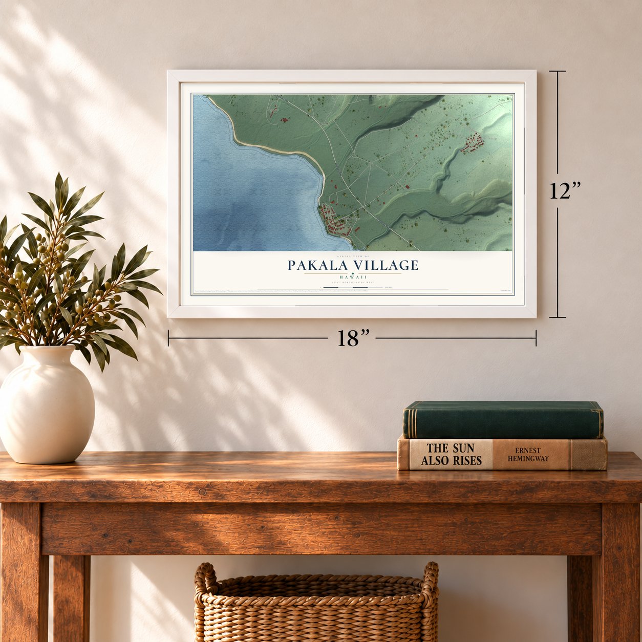 Pakala Village, Hawaii map, 12 x 18 inch print in a white frame in an entryway