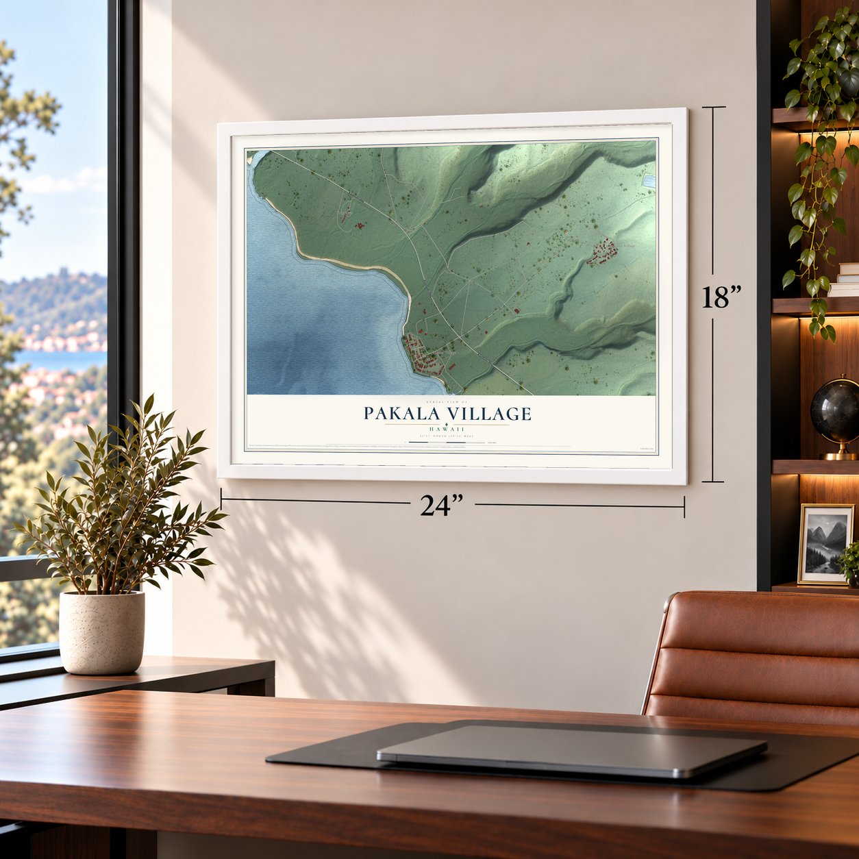Pakala Village, Hawaii map, 18 x 24 inch print in a white frame in a home office