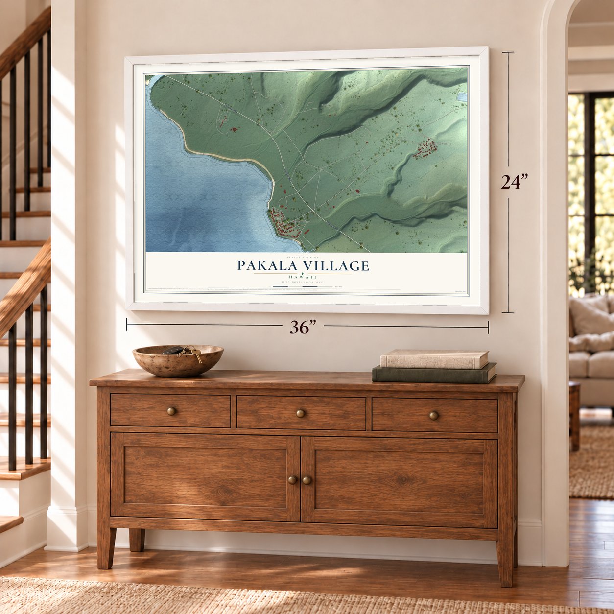 Pakala Village, Hawaii map, 24 x 36 inch print in a white frame above a dresser by a staircase