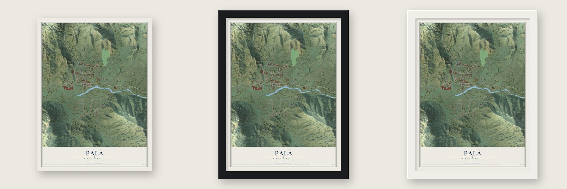 Pala, California map unframed, in a black wood frame and in a white wood frame
