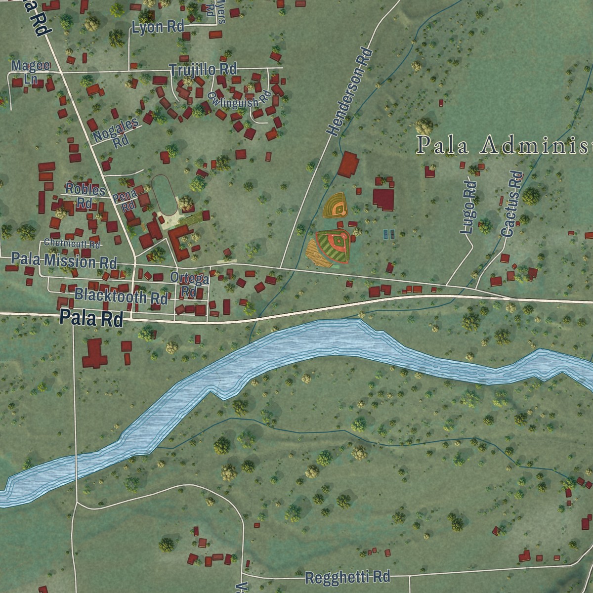 Second close-up of the map of Pala, California print showing more streets and buildings